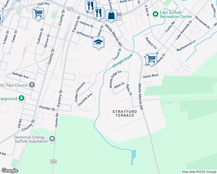 map of restaurants, bars, coffee shops, grocery stores, and more near 1238 Woods Edge Circle in Suffolk
