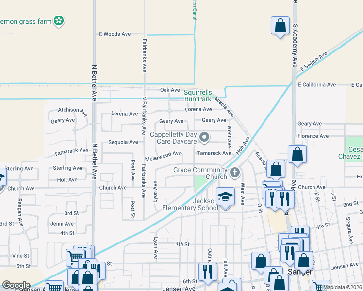 map of restaurants, bars, coffee shops, grocery stores, and more near 2151 Sequoia Avenue in Sanger