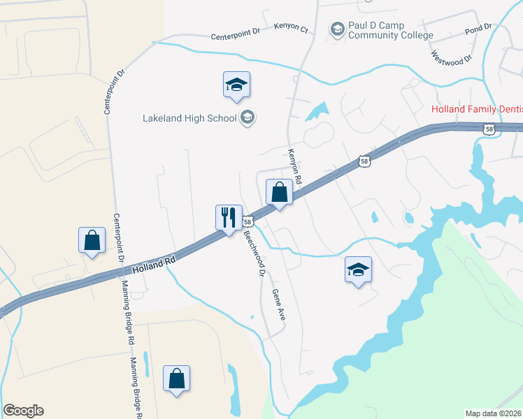 map of restaurants, bars, coffee shops, grocery stores, and more near 2017 U.S. 58 in Suffolk