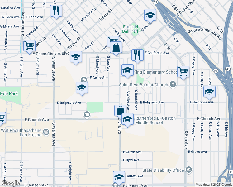 map of restaurants, bars, coffee shops, grocery stores, and more near 2318 South Martin Luther King Junior Boulevard in Fresno