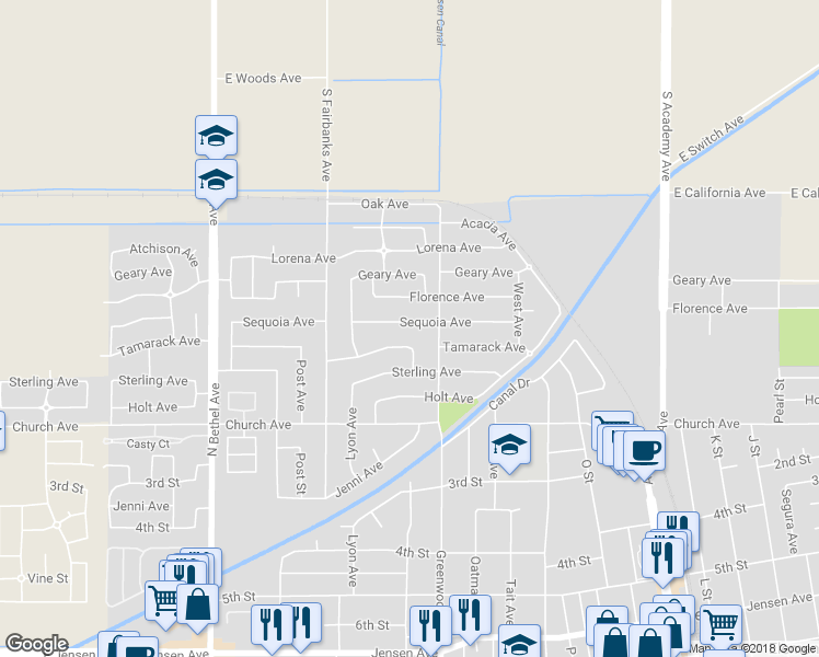 map of restaurants, bars, coffee shops, grocery stores, and more near 2151 Sequoia Avenue in Sanger