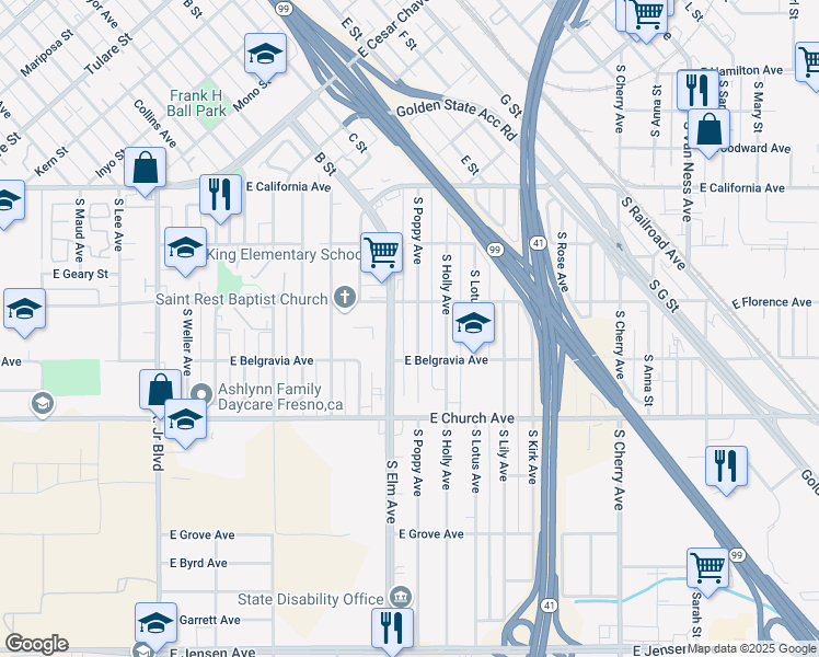 map of restaurants, bars, coffee shops, grocery stores, and more near 2322 South Poppy Avenue in Fresno