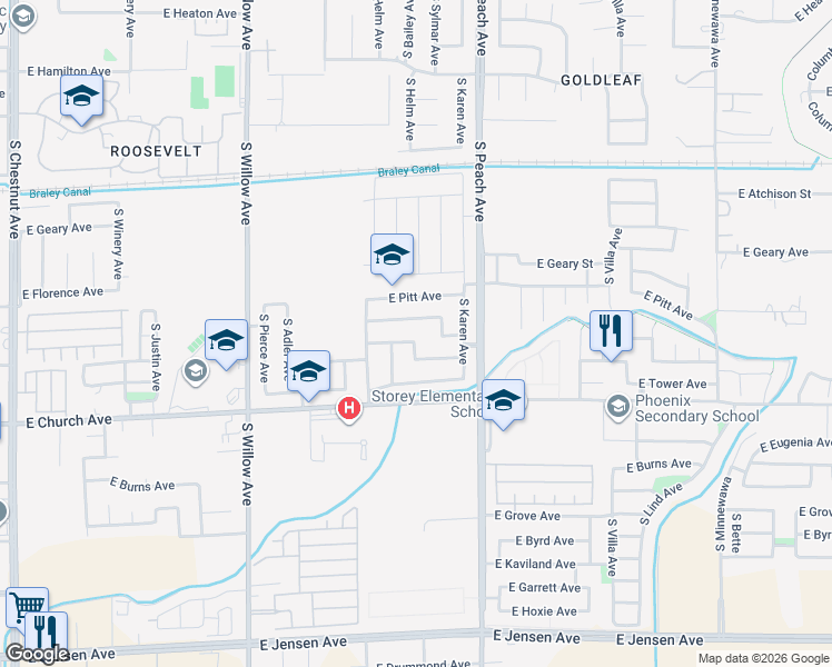 map of restaurants, bars, coffee shops, grocery stores, and more near 5135 East Belgravia Avenue in Fresno