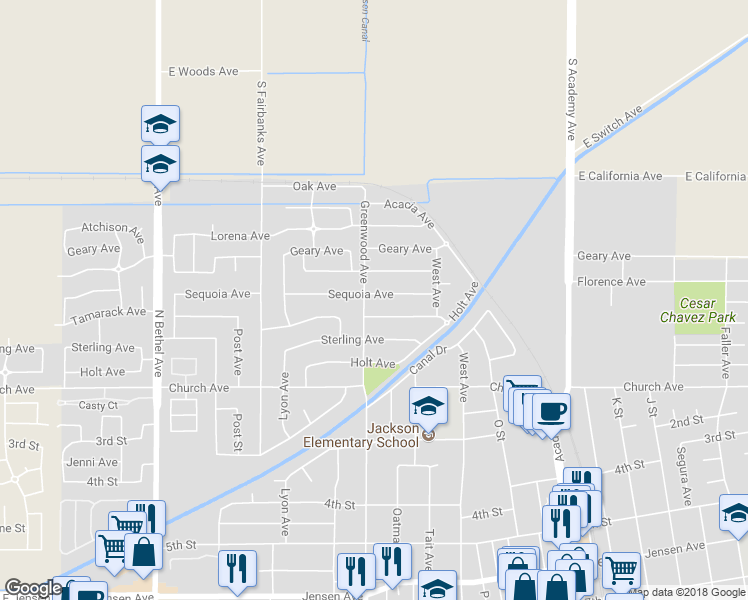 map of restaurants, bars, coffee shops, grocery stores, and more near 1975 Sequoia Avenue in Sanger