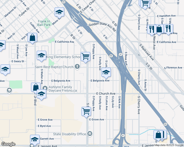 map of restaurants, bars, coffee shops, grocery stores, and more near 2322 South Poppy Avenue in Fresno
