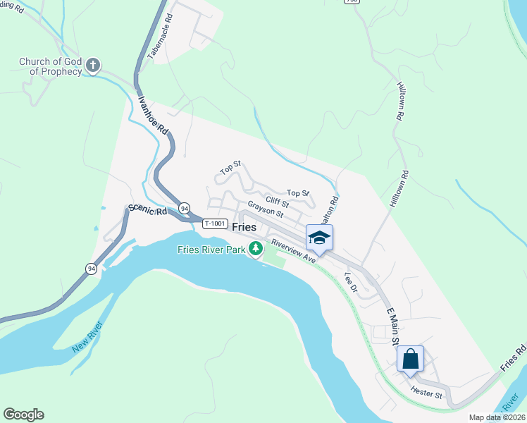 map of restaurants, bars, coffee shops, grocery stores, and more near 346 Grayson Street in Fries