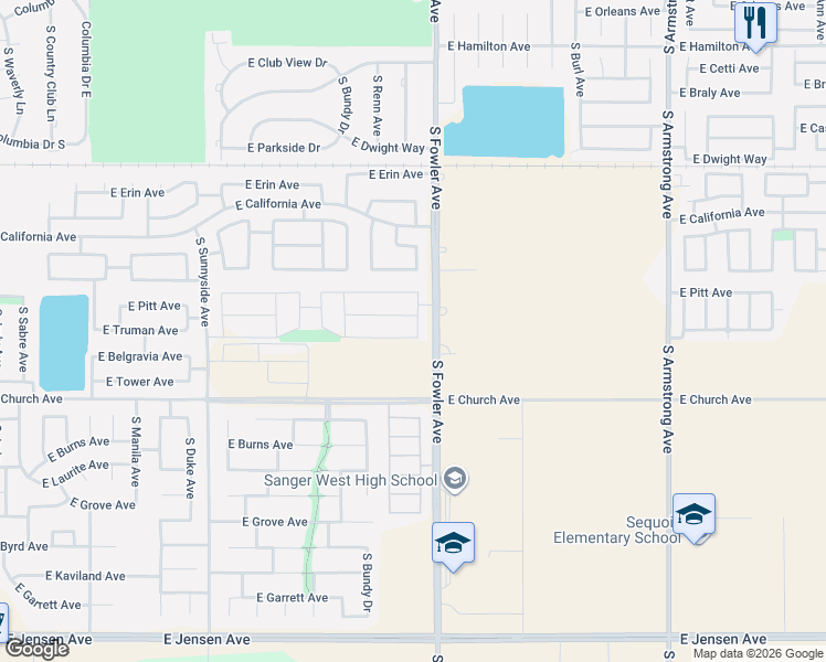 map of restaurants, bars, coffee shops, grocery stores, and more near 5973 East Truman Avenue in Fresno