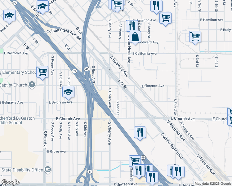 map of restaurants, bars, coffee shops, grocery stores, and more near 2324 South Anna Street in Fresno