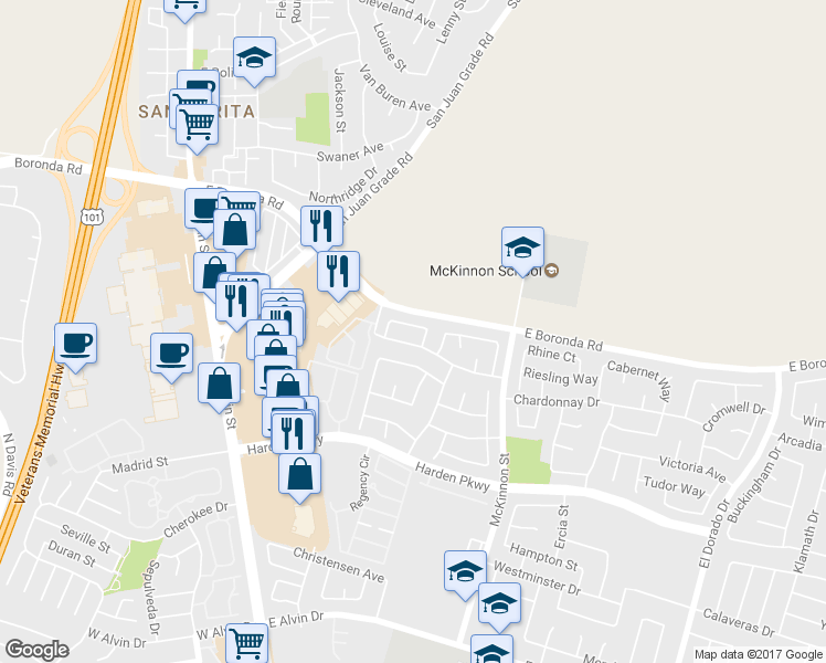 map of restaurants, bars, coffee shops, grocery stores, and more near 1957 Harvard Court in Salinas