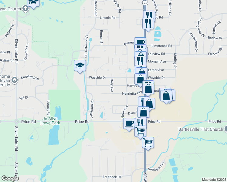 map of restaurants, bars, coffee shops, grocery stores, and more near 3400 Henrietta Avenue in Bartlesville