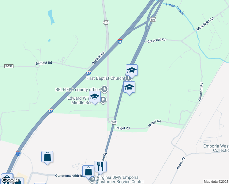 map of restaurants, bars, coffee shops, grocery stores, and more near 239 Slagles Lake Road in Emporia
