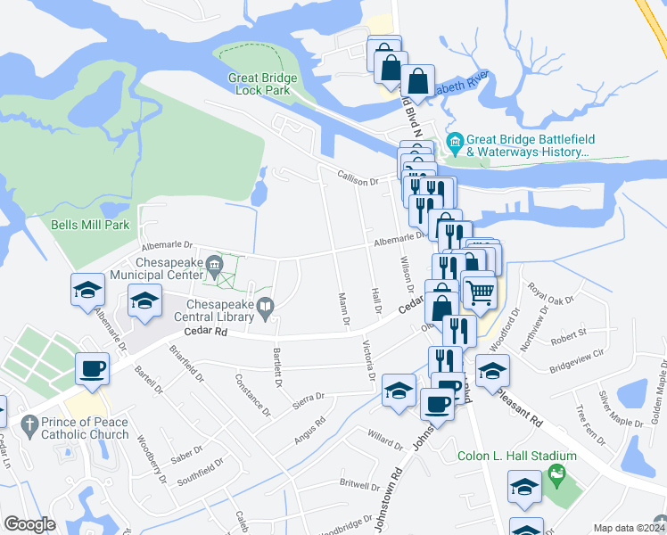map of restaurants, bars, coffee shops, grocery stores, and more near 208 Mann Drive in Chesapeake