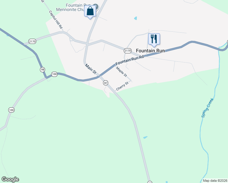 map of restaurants, bars, coffee shops, grocery stores, and more near 200 Akersville Road in Fountain Run