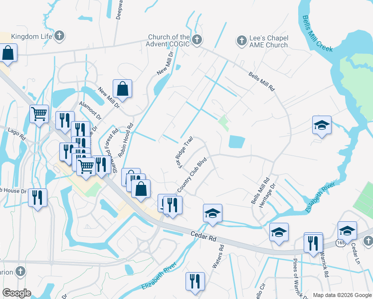 map of restaurants, bars, coffee shops, grocery stores, and more near 928 Foxridge Trail in Chesapeake