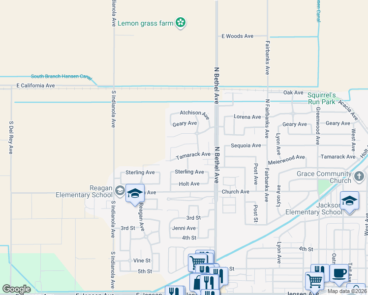 map of restaurants, bars, coffee shops, grocery stores, and more near 2787 Sequoia Avenue in Sanger