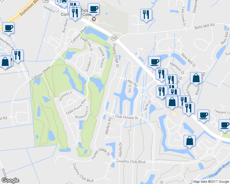 map of restaurants, bars, coffee shops, grocery stores, and more near 412 Ventosa Dr in Chesapeake