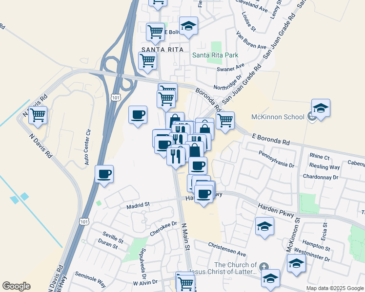 map of restaurants, bars, coffee shops, grocery stores, and more near 1740 North Main Street in Salinas