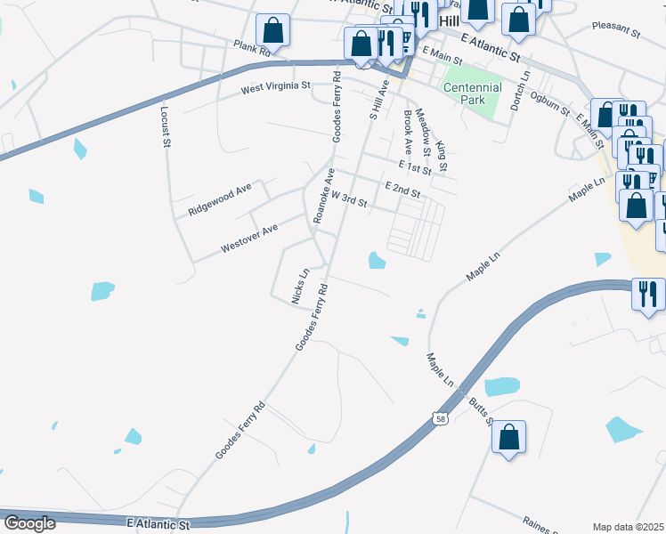 map of restaurants, bars, coffee shops, grocery stores, and more near 1015 South Hill Avenue in South Hill