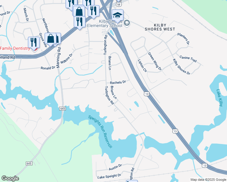 map of restaurants, bars, coffee shops, grocery stores, and more near 4009 Brians Lane in Suffolk
