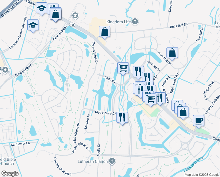 map of restaurants, bars, coffee shops, grocery stores, and more near 409 Rio Drive in Chesapeake
