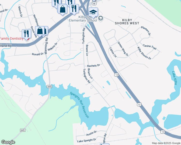 map of restaurants, bars, coffee shops, grocery stores, and more near 4009 Brians Lane in Suffolk
