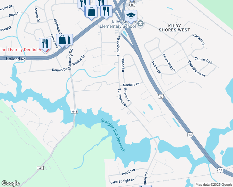 map of restaurants, bars, coffee shops, grocery stores, and more near 351 Turlington Road in Suffolk