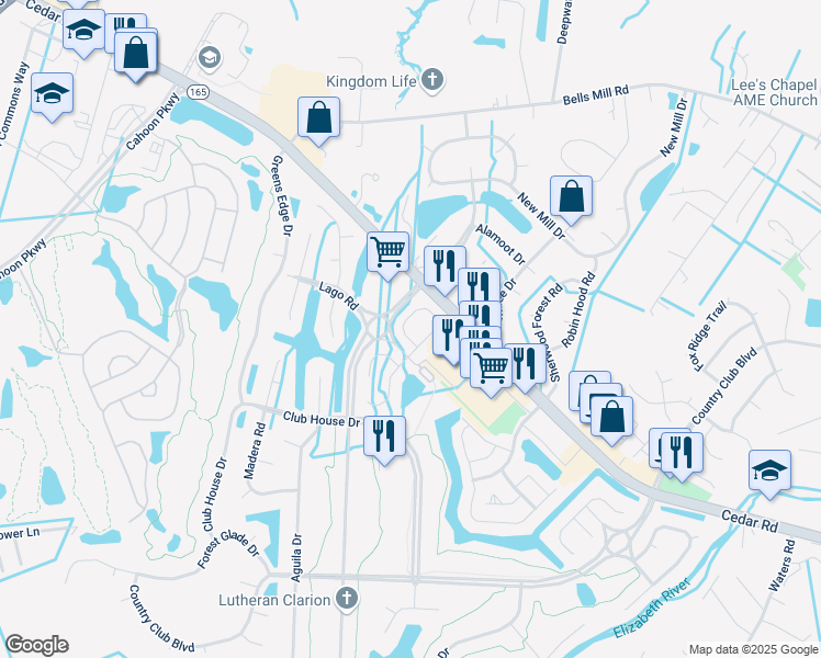 map of restaurants, bars, coffee shops, grocery stores, and more near 317 Brisa Drive in Chesapeake