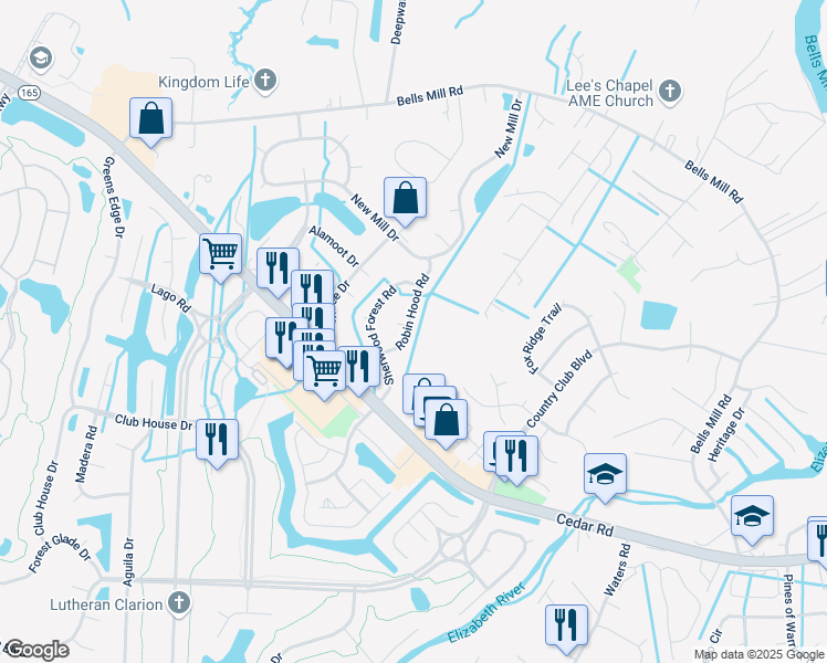 map of restaurants, bars, coffee shops, grocery stores, and more near 227 Robinhood Road in Chesapeake