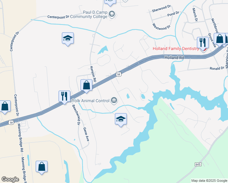 map of restaurants, bars, coffee shops, grocery stores, and more near 1001 English Oak Drive in Suffolk