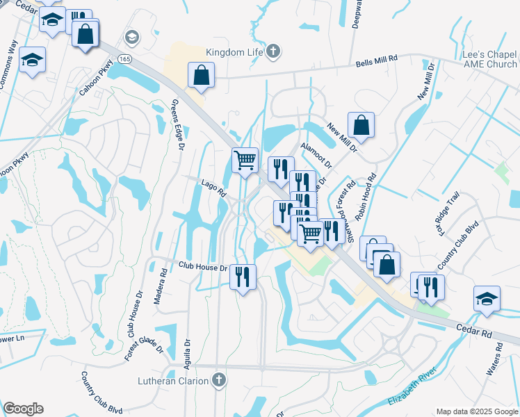 map of restaurants, bars, coffee shops, grocery stores, and more near 317 Brisa Drive in Chesapeake