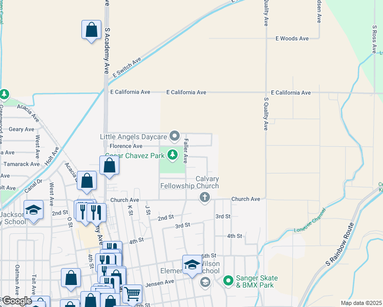 map of restaurants, bars, coffee shops, grocery stores, and more near 878 Sequoia Avenue in Sanger