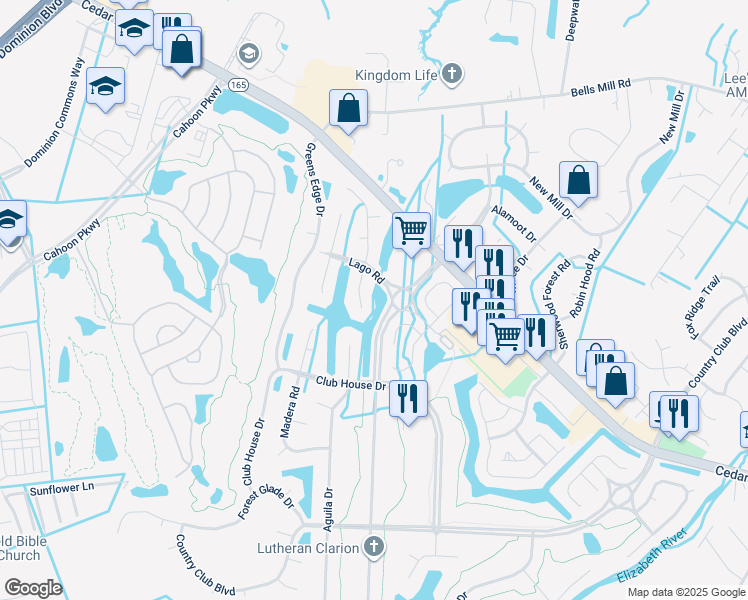 map of restaurants, bars, coffee shops, grocery stores, and more near 409 Rio Drive in Chesapeake