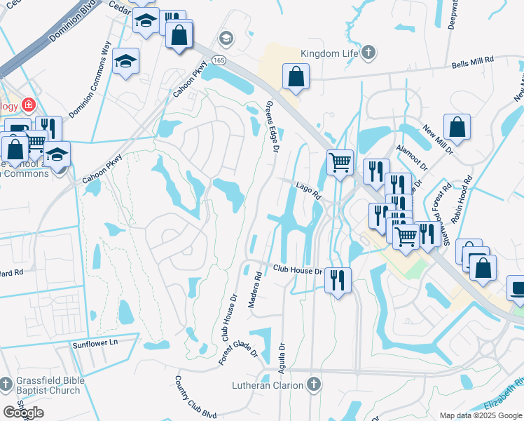 map of restaurants, bars, coffee shops, grocery stores, and more near 337 Greens Edge Dr in Chesapeake