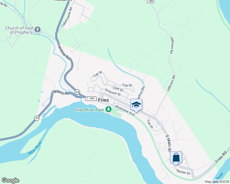 map of restaurants, bars, coffee shops, grocery stores, and more near 346 Grayson Street in Fries