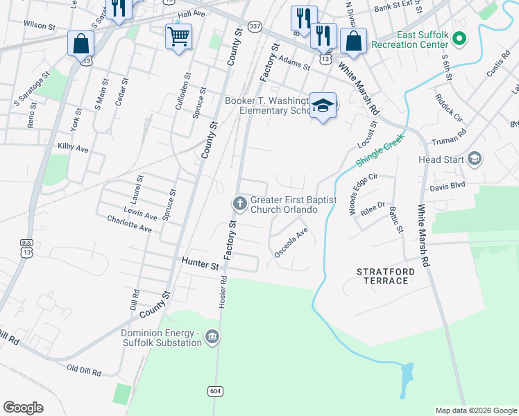 map of restaurants, bars, coffee shops, grocery stores, and more near 508 Eola Avenue in Suffolk