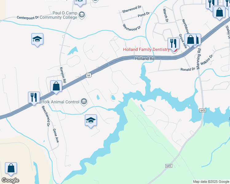 map of restaurants, bars, coffee shops, grocery stores, and more near 121 Cove Point Drive in Suffolk