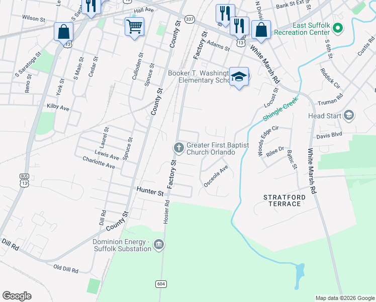 map of restaurants, bars, coffee shops, grocery stores, and more near 508 Eola Avenue in Suffolk