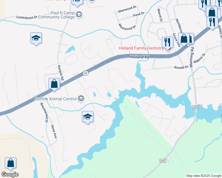 map of restaurants, bars, coffee shops, grocery stores, and more near 121 Cove Point Drive in Suffolk