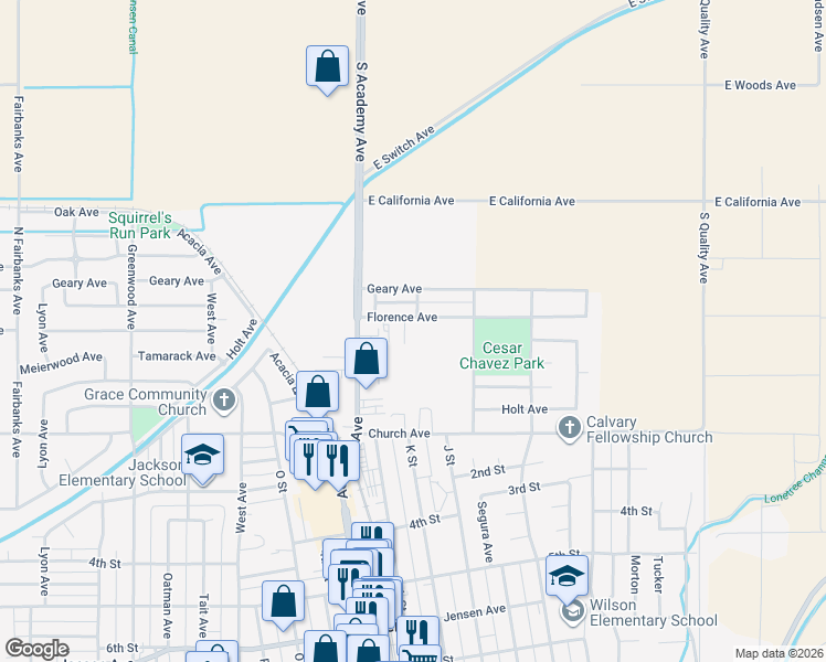 map of restaurants, bars, coffee shops, grocery stores, and more near 20 Daisy Lane in Sanger