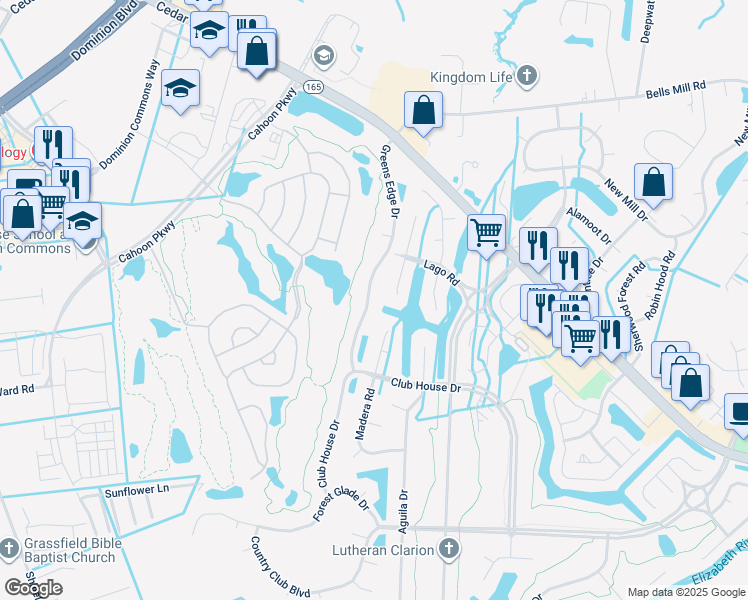 map of restaurants, bars, coffee shops, grocery stores, and more near 337 Greens Edge Dr in Chesapeake