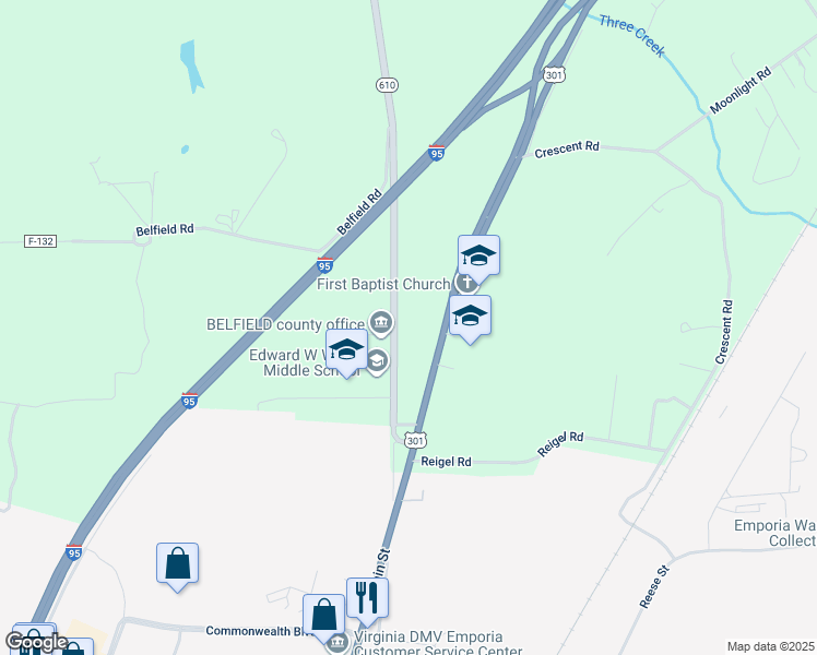 map of restaurants, bars, coffee shops, grocery stores, and more near 239 Slagles Lake Road in Emporia