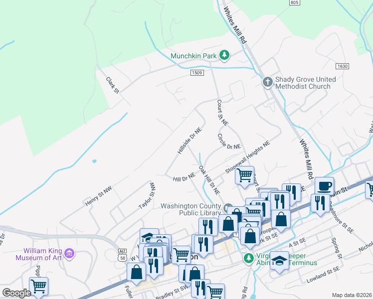 map of restaurants, bars, coffee shops, grocery stores, and more near 495 Oak Hill Street Northeast in Abingdon