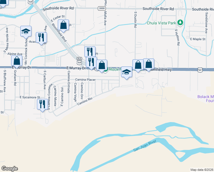map of restaurants, bars, coffee shops, grocery stores, and more near 1212 Camino Morro in Farmington