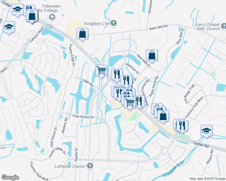 map of restaurants, bars, coffee shops, grocery stores, and more near 504 Brisa Drive in Chesapeake
