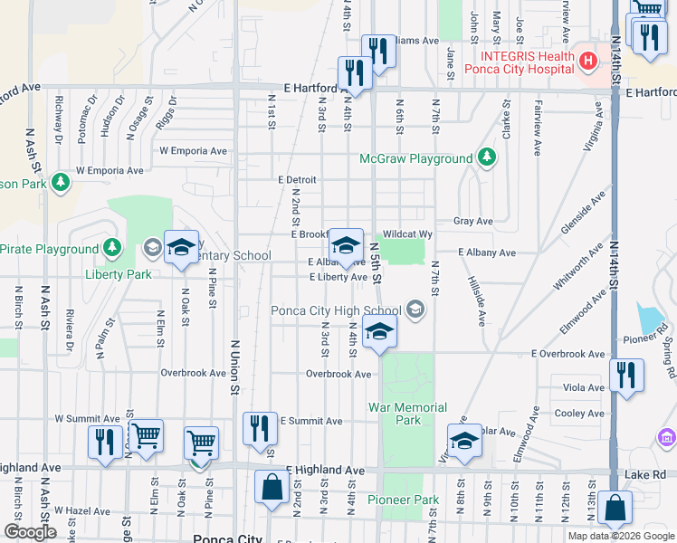 map of restaurants, bars, coffee shops, grocery stores, and more near 1138 North 4th Street in Ponca City