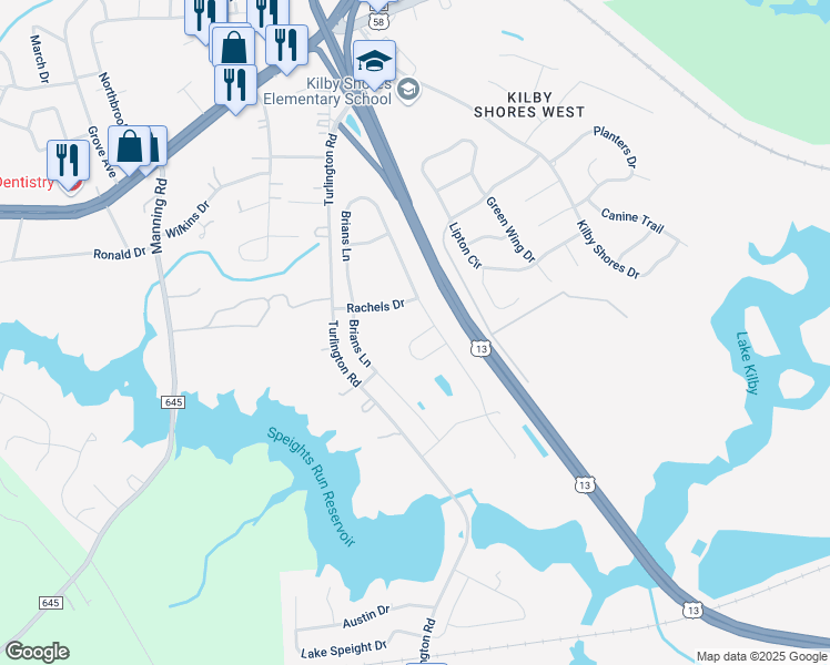 map of restaurants, bars, coffee shops, grocery stores, and more near 3004 Elmore Circle in Suffolk