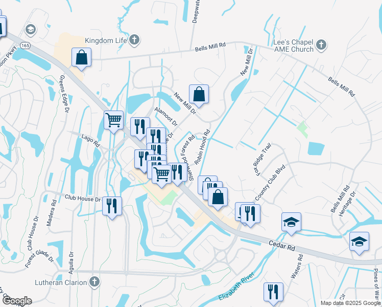 map of restaurants, bars, coffee shops, grocery stores, and more near 325 Sherwood Forest Road in Chesapeake