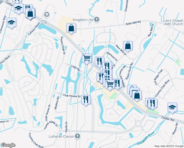 map of restaurants, bars, coffee shops, grocery stores, and more near 326 Brisa Drive in Chesapeake