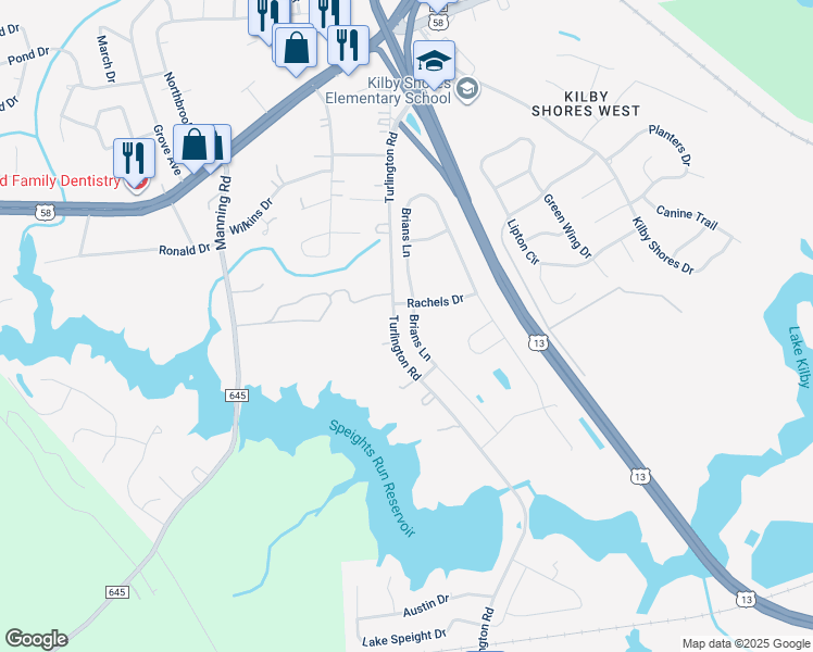 map of restaurants, bars, coffee shops, grocery stores, and more near 351 Turlington Road in Suffolk
