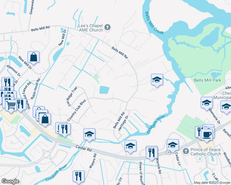 map of restaurants, bars, coffee shops, grocery stores, and more near 809 Lakeside Court in Chesapeake